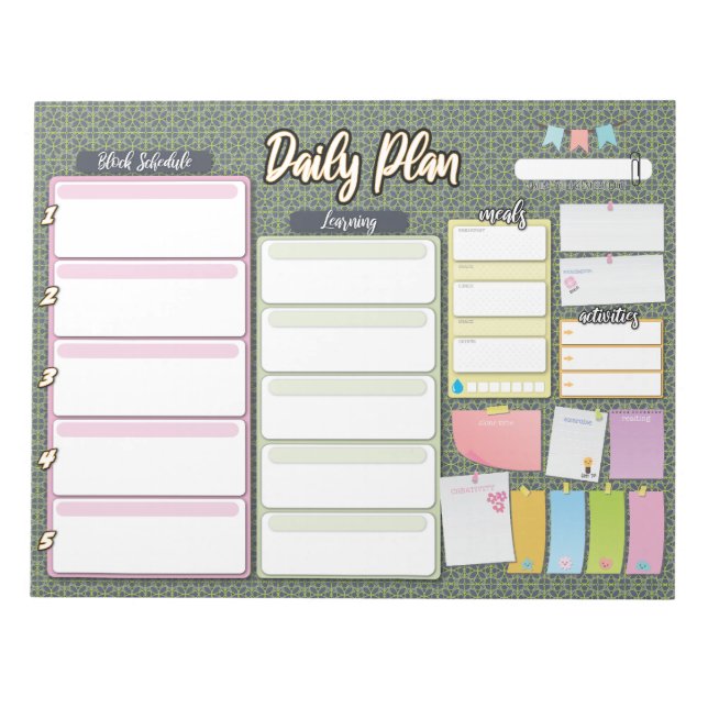 HOMESCHOOL DAILY PLANNER block schedule notepad (Front)