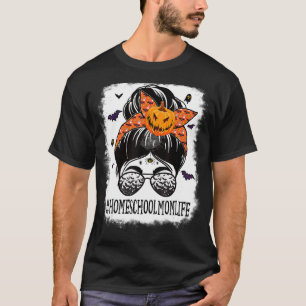 Homeschool Mum Messy Bun Spooky Pumpkin Bat Orange T-Shirt