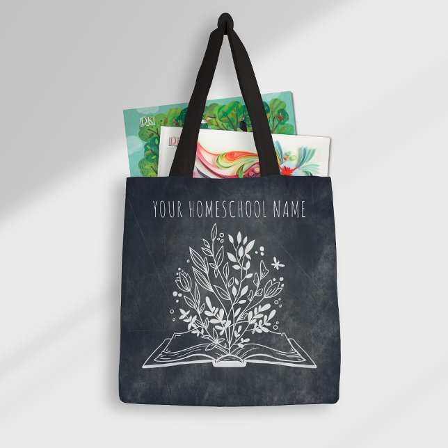 Homeschool Name Minimalist Floral Open Book Tote Bag (Creator Uploaded)