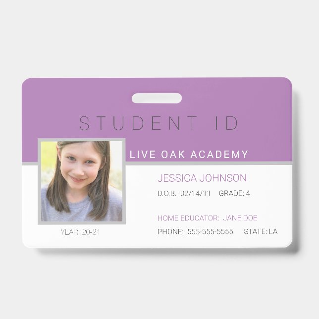 Homeschool Student ID Badge | Modern Purple (Front)