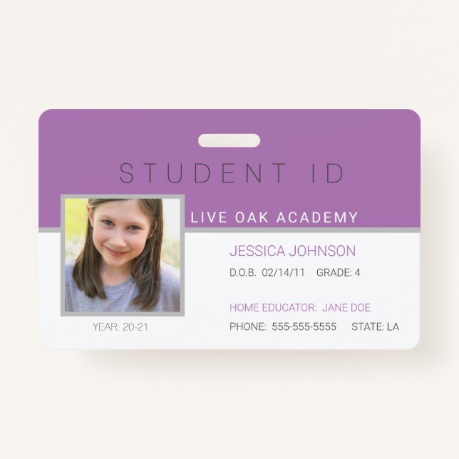 Homeschool Student ID Badge | Modern Purple (Front)