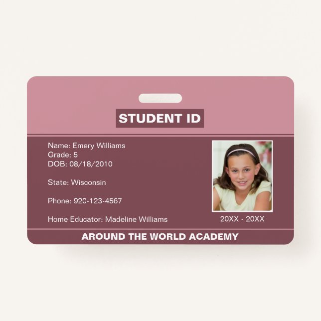 Homeschool Student ID Blush Pink Badge ID Badge (Front)