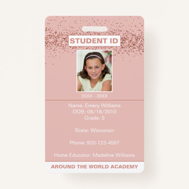 Homeschool Student ID Rose Gold Glitter Badge ID Badge (Front)