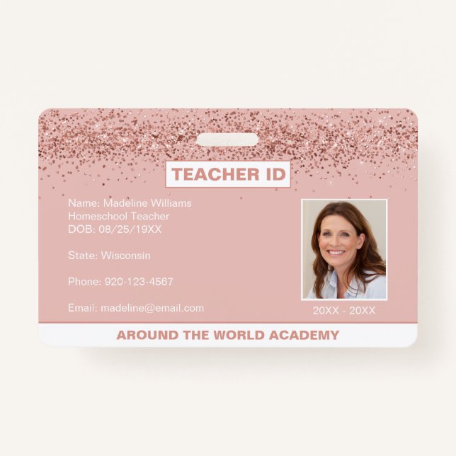 Homeschool Teacher ID Rose Gold Glitter Badge ID Badge (Front)