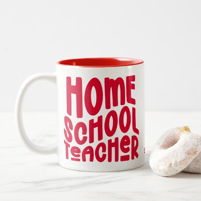 Homeschool Teacher | Red Typography Design Two-Tone Coffee Mug (With Donut)