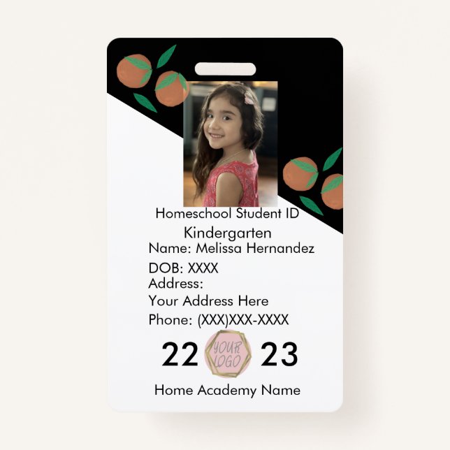 Homeschooling School ID Oranges Photo Badge ID Badge (Front)