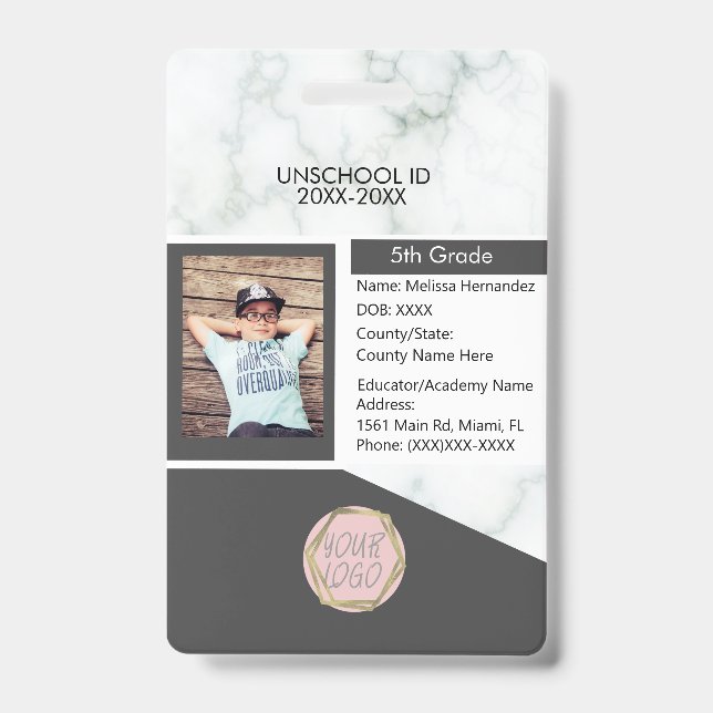 Homeschooling Unschooling Student Marble Grey ID Badge (Front)