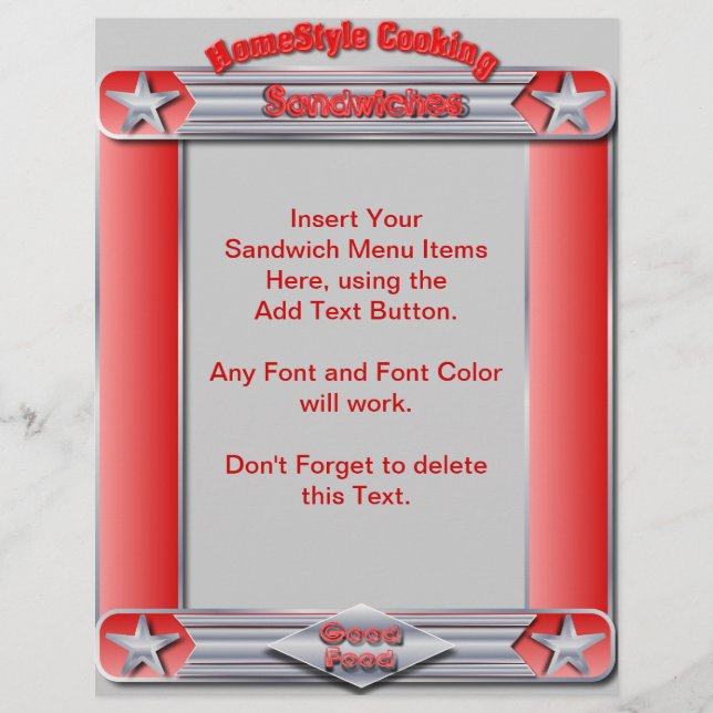 Homestyle Cooking SANDWICHES Menu Insert (Front)