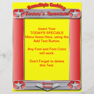 Homestyle Cooking TODAY'S SPECIALS Menu Insert