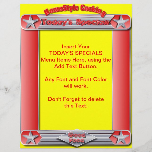 Homestyle Cooking TODAY'S SPECIALS Menu Insert (Front)