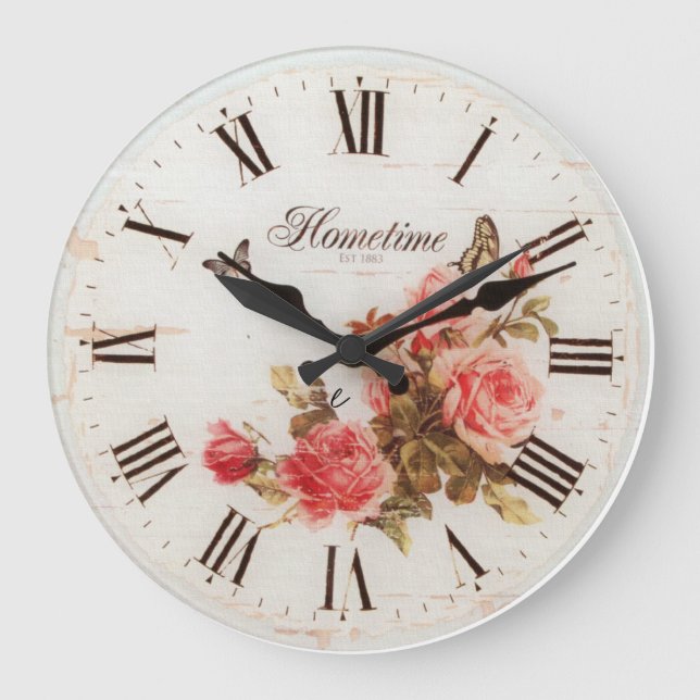 Hometime Old-Style | Antique Red Roses | Retro Rom Large Clock (Front)