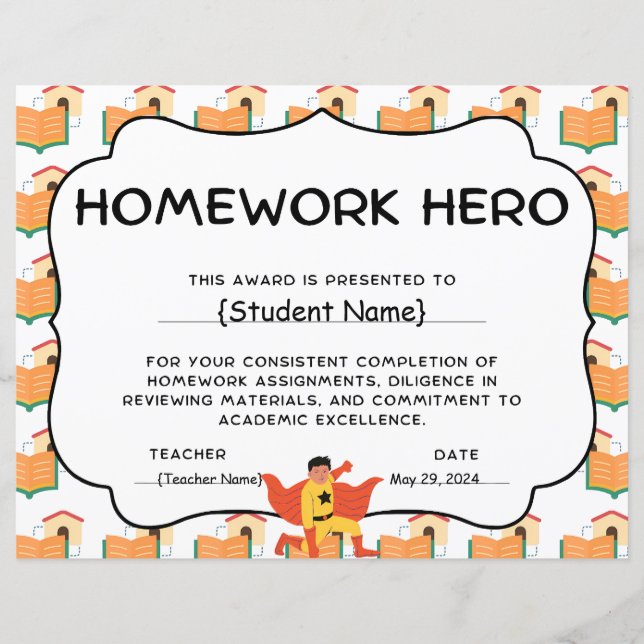 Homework Hero Student Recognition Award (Front)