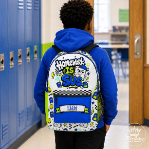 Homework is Sus Blue & Green Funny Kids  Printed Backpack