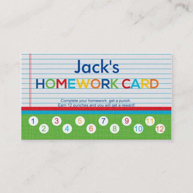 Homework Punch Card Reward card for kids (Front)