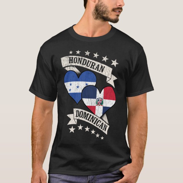 Honduran Dominican Heart Flags T-Shirt (Front)