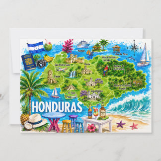 Honduras Illustrated Travel Map Postcard