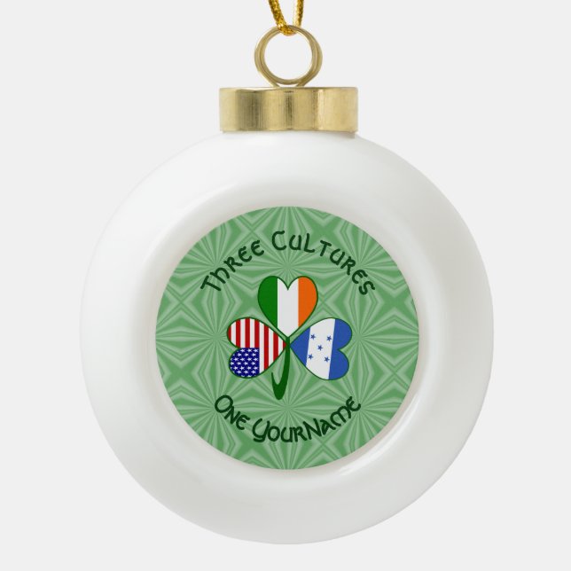 Hondúras Ireland USA Shamrock Flag Personalised  Ceramic Ball Christmas Ornament (Front)