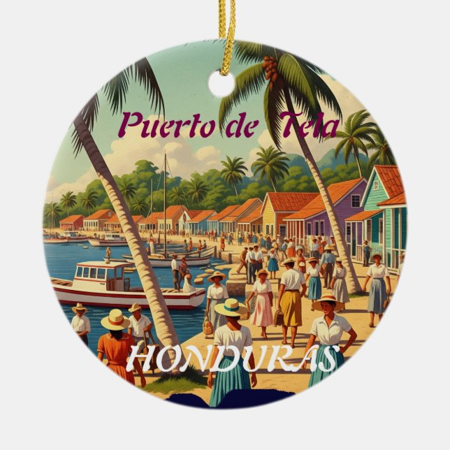  Honduras Puerto Tela Retro poster Ceramic Tree Decoration (Front)