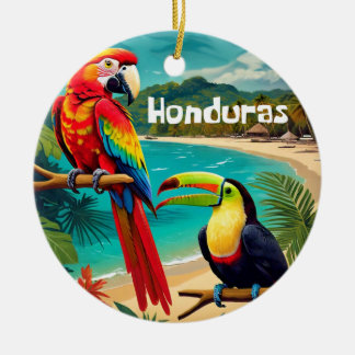 Honduras Travel Vintage Poster Macaw and Toucan Ceramic Tree Decoration