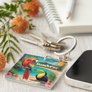 Honduras Travel Vintage Poster Macaw and Toucan Key Ring
