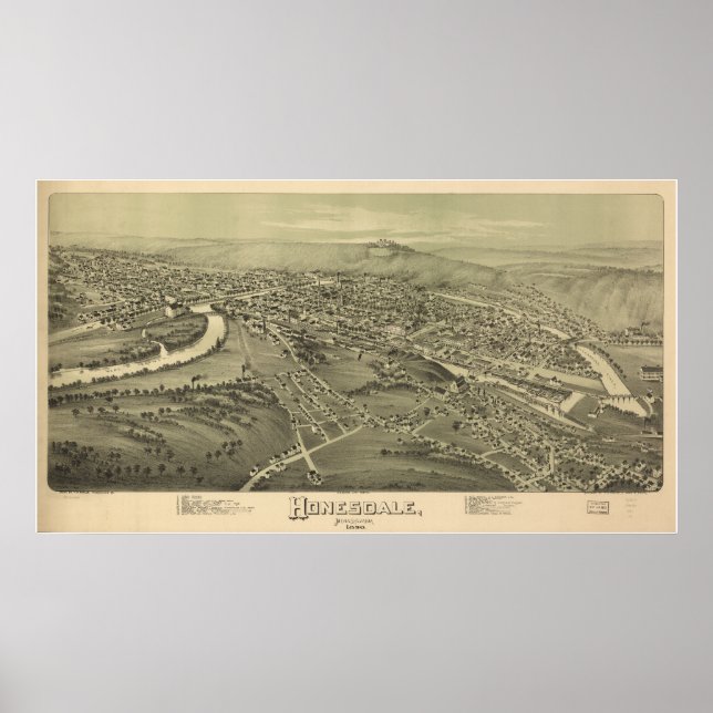 Honesdale Pennsylvania 1890 Antique Panoramic Map Poster (Front)