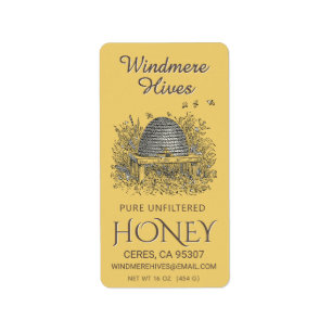 Honey Address Label Vintage Skep with bees Yellow
