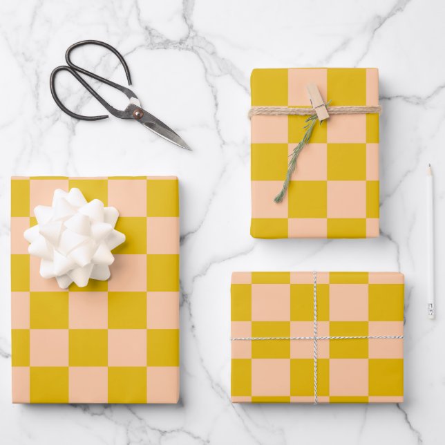 Honey and Peach Chequerboard Wrapping Paper Sheet (Front)
