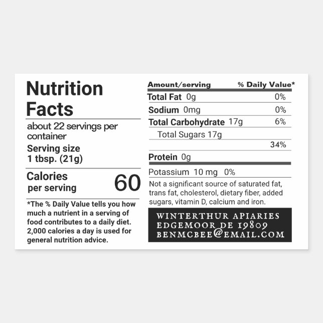 HONEY Apiary Name Nutrition Facts Label (Front)