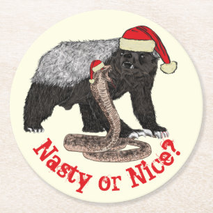 Honey Badger and Snake Funny Santa Quote Round Paper Coaster