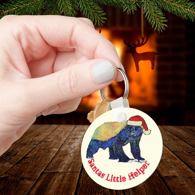 Honey Badger Colourful Funny Badass Festive Irony  Key Ring (Christmas honey badger funny quote ‘Santa’s little helper’ badass wild animal humor)