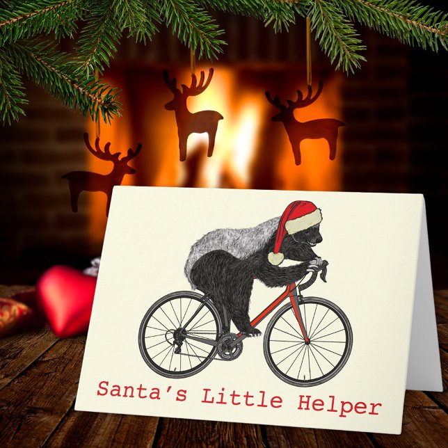 Honey Badger Cycling Funny Badass Festive Quote Card (Christmas honey badger riding a bicycle Santa’s little helper quote funny holiday greetings card)