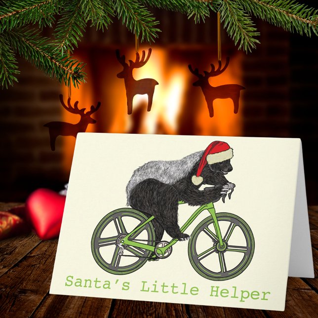 Honey Badger Cycling Funny Badass Festive Slogan Card (Funny christmas honey badger on a bicycle santa little helper quote holiday greetings card)