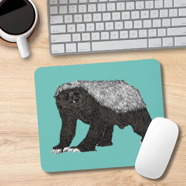Honey Badger Fearless Nasty Wild Animal Art Mouse Mat (Honey badger illustration badass wild animal teal mouse mat)