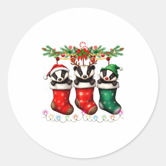 Honey Badger In Christmas Socks Lights Honey Badge Classic Round Sticker (Front)