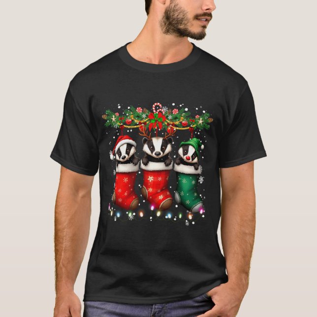 Honey Badger In Christmas Socks Lights Honey Badge T-Shirt (Front)