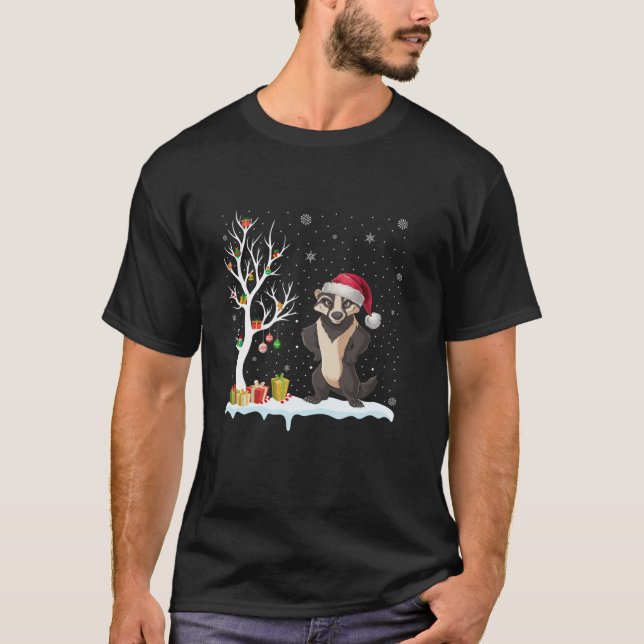 Honey Badger Santa Hat Festive Tree Light Christma T-Shirt (Front)