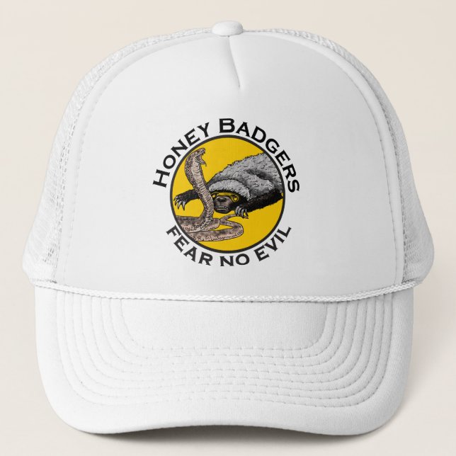Honey Badgers Fear no Evil Yellow Scary Animal Art Trucker Hat (Front)