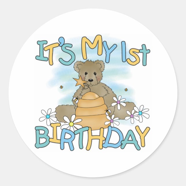 Honey Bear 1st Birthday Classic Round Sticker (Front)
