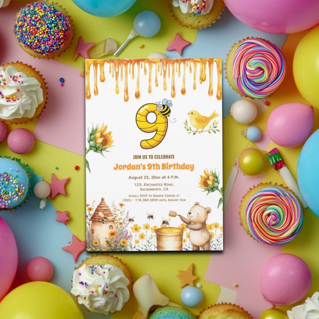 Honey Bear 9th Birthday Party Invitation (Creator Uploaded)