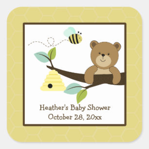 Honey Bear and Bee Square Favour Stickers (6 Large