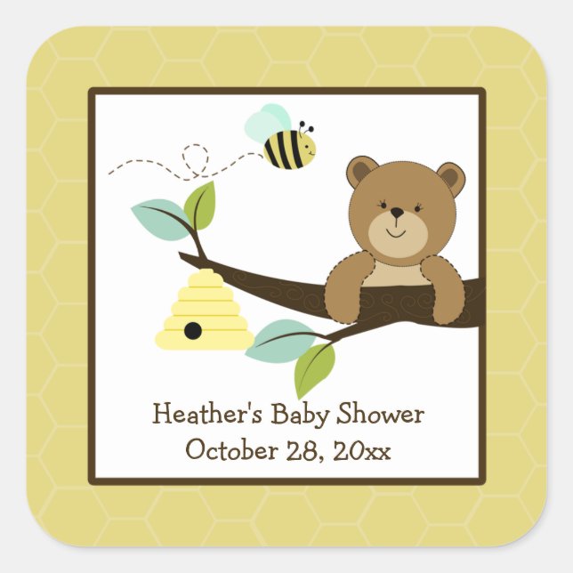 Honey Bear and Bee Square Favour Stickers (6 Large (Front)
