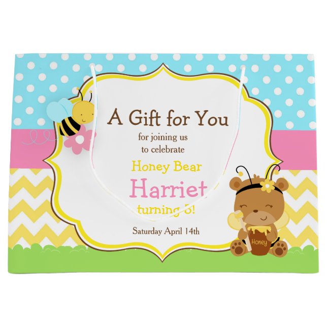 Honey Bear and Bumble Bee Birthday Party Large Gift Bag (Front)