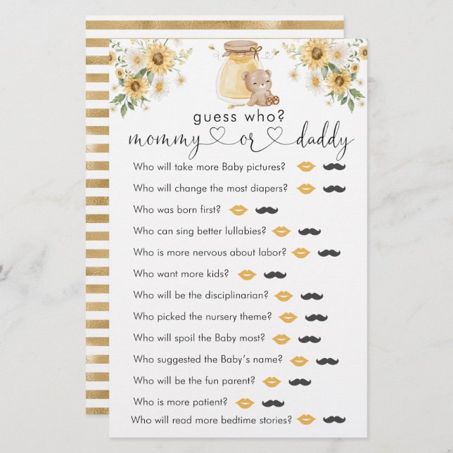 Honey Bear Baby Shower  "Guess Who" Game (Front/Back)