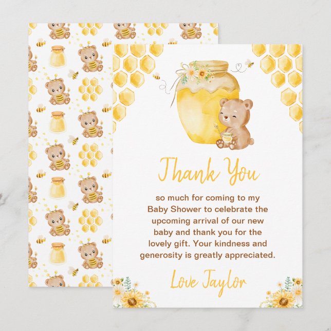 Honey Bear Baby Shower Thank You Card (Front/Back)