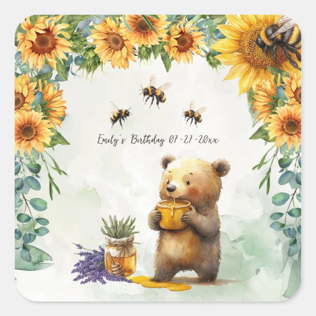 Honey Bear Birthday Party Napkins Square Sticker (Front)