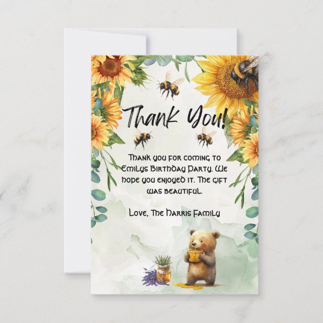 Honey Bear Birthday Party Thank You Cards (Front)