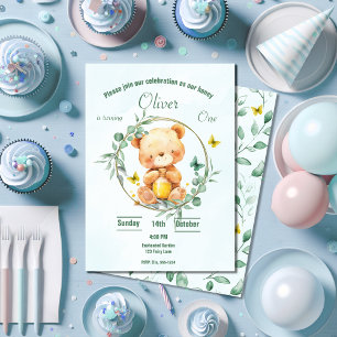 Honey Bear Cute Greenery Boy 1st Birthday Invitation