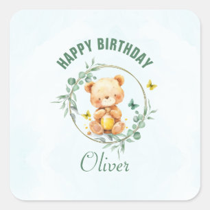 Honey Bear Cute Greenery Boy Happy Birthday Square Sticker