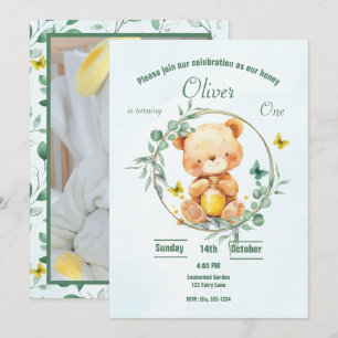 Honey Bear Cute Greenery Photo Boy 1st Birthday Invitation