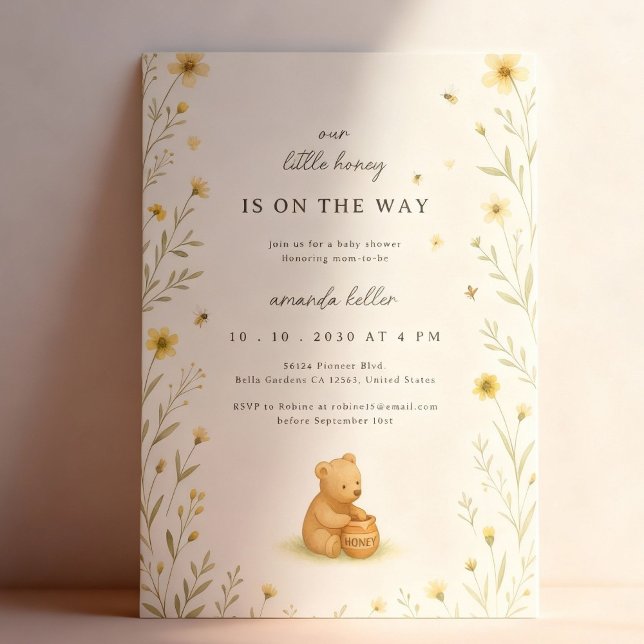 Honey Bear Floral Baby Birthday Invitation (Creator Uploaded)